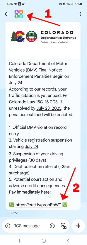 traffic citation scam text